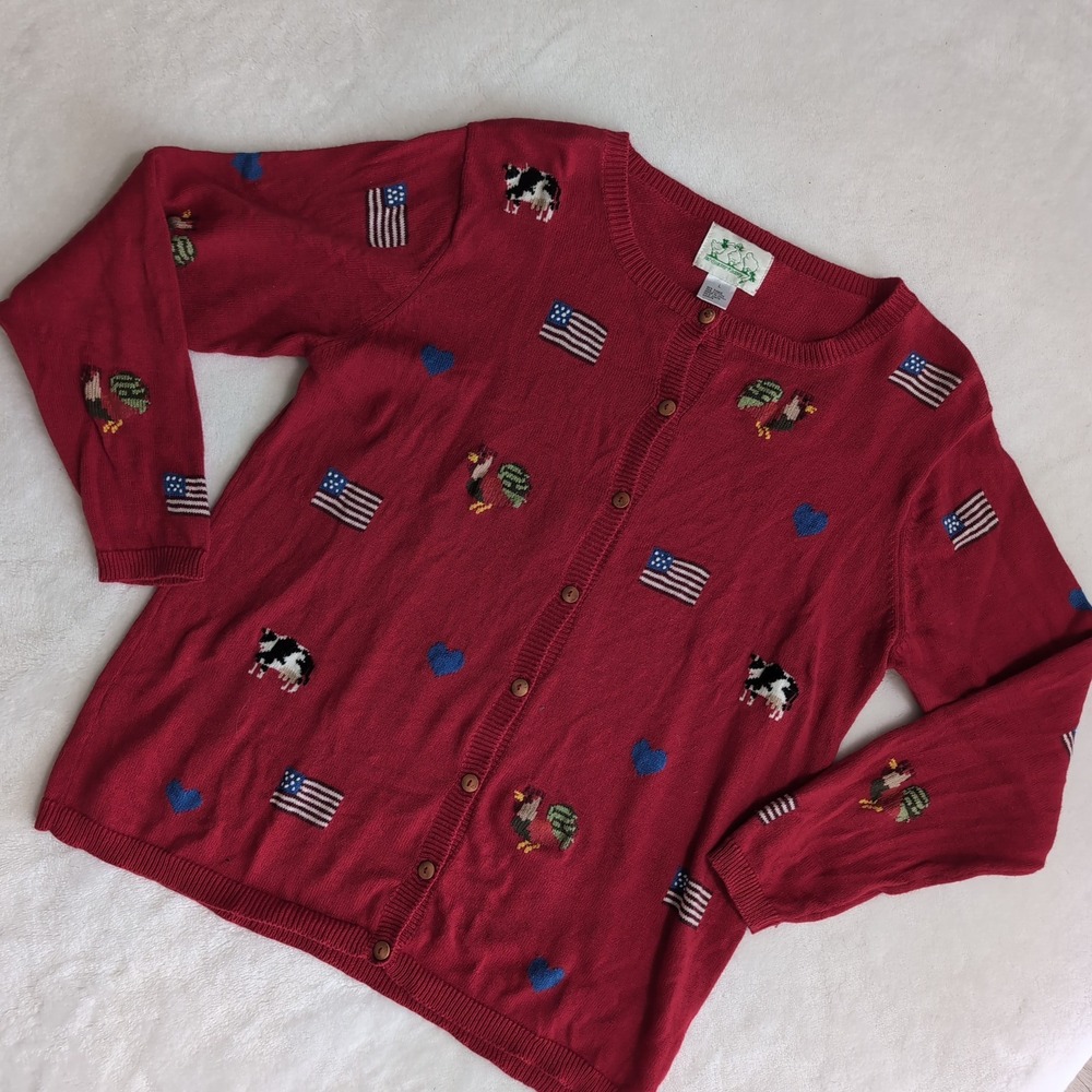 Quacker Factory Cardigan Womens L Red Americana Farm Cow Rooster Embroidered